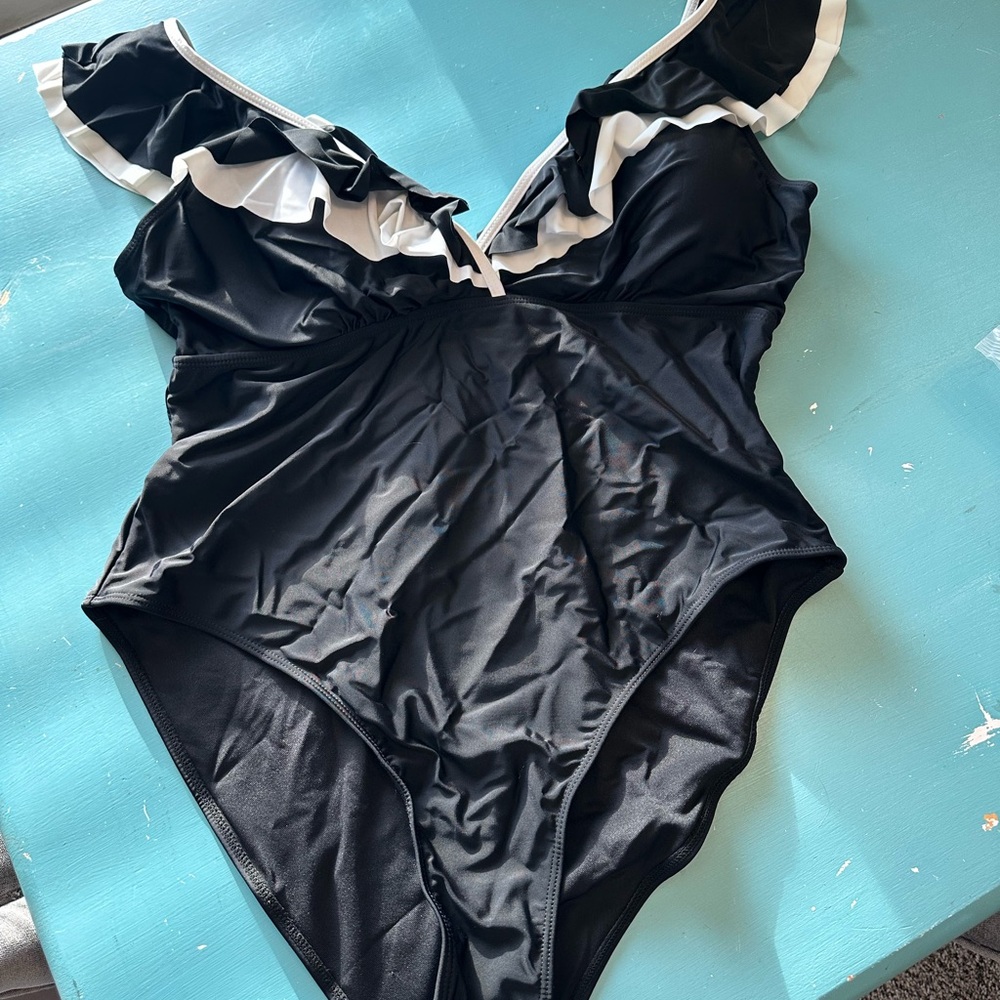 Black Ruffled One-Piece Swimsuit with White Trim